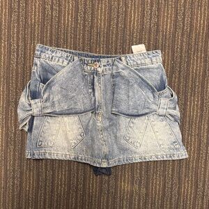 Denim Mini Skirt with Bow Accents